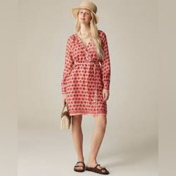 NWT JCREW Cabana in block-print ramie red mini dress with waist tie size XXL - Picture 1 of 9